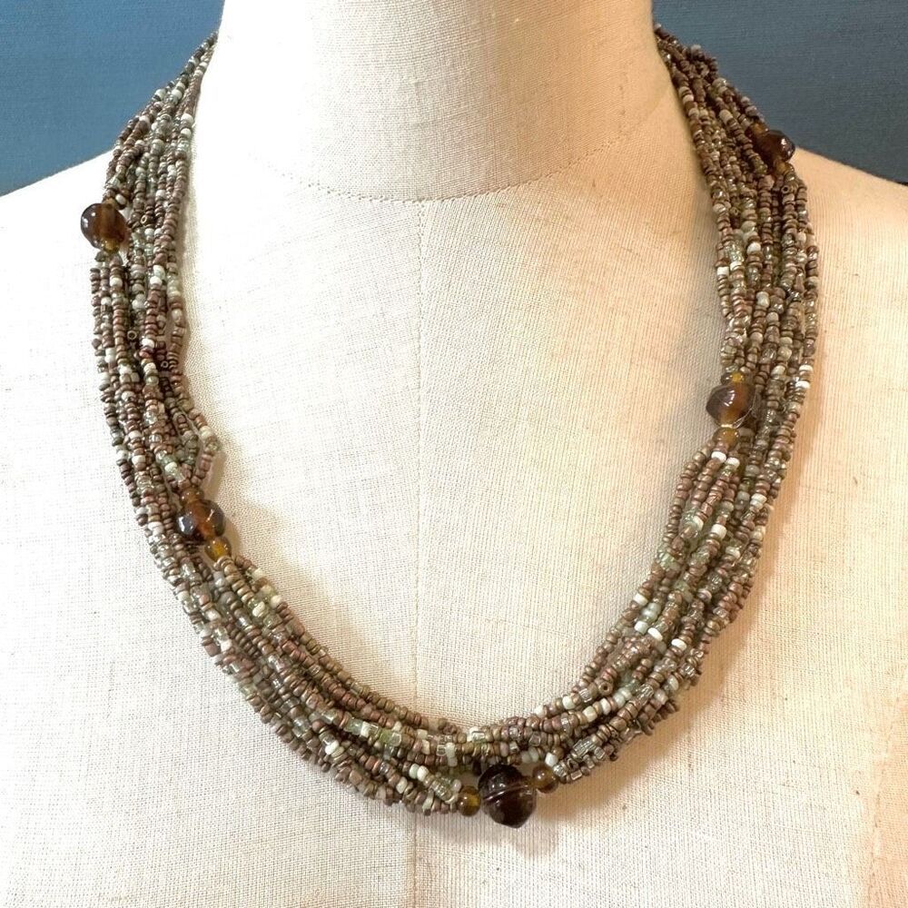 Green and brown multi strand long beaded necklace